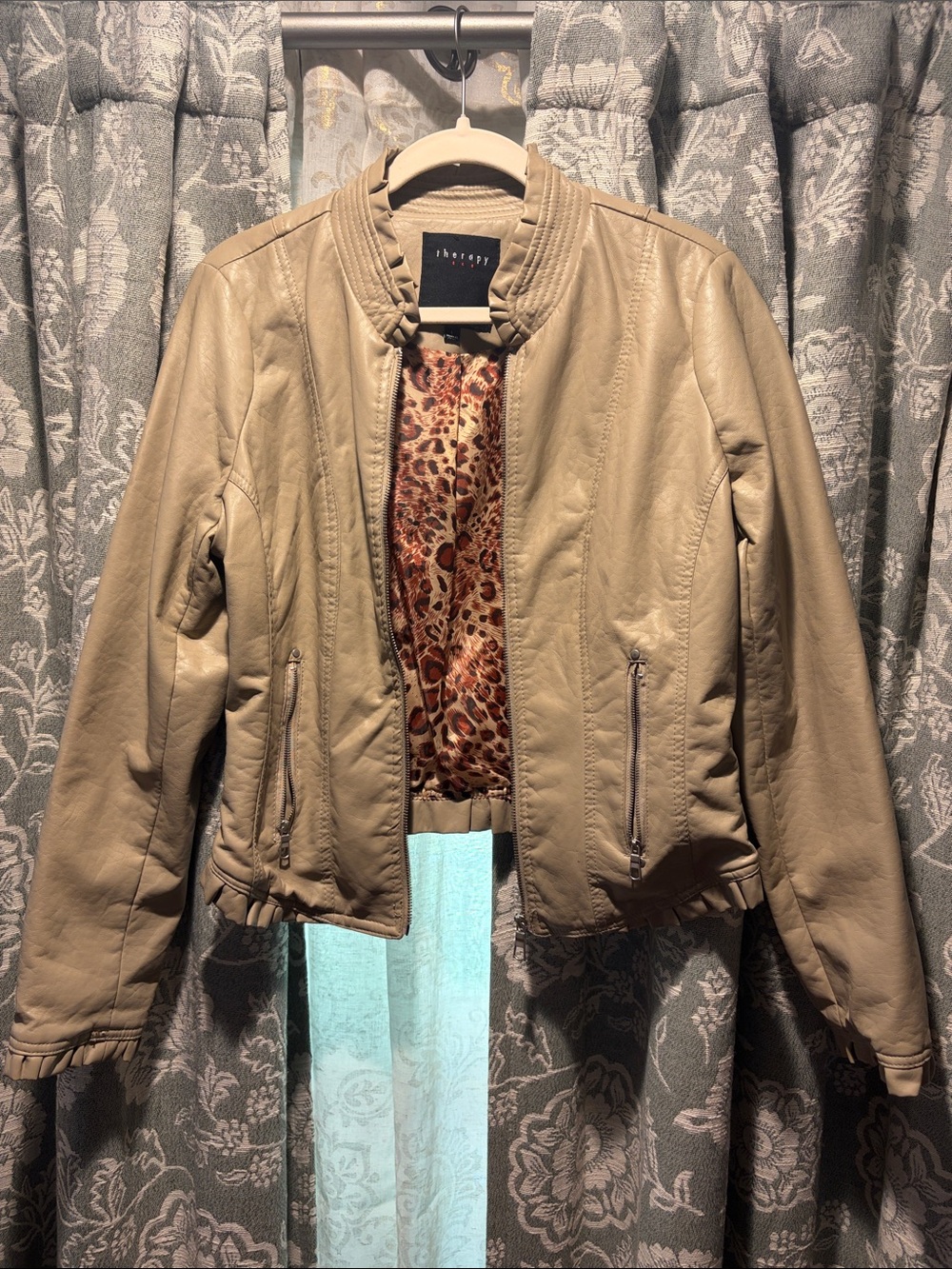 Women’s Therapy Taupe faux Leather Bomber Jacket with Leopard-Print Lining